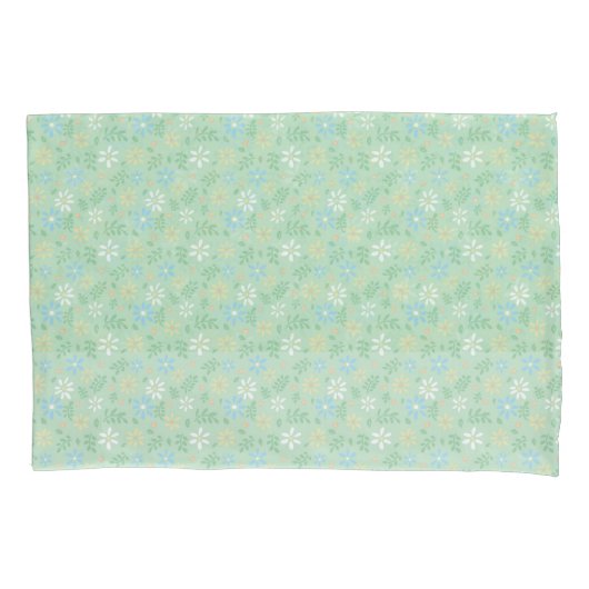 柔らかい緑のフローラと白い青色の黄色の花 枕カバー (正面)
