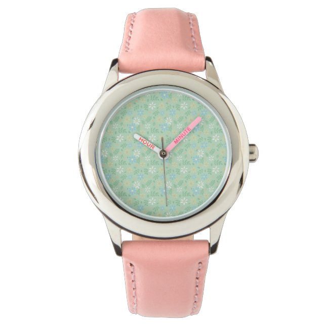 柔らかい緑のフローラと白い青色の黄色の花 腕時計 (正面)