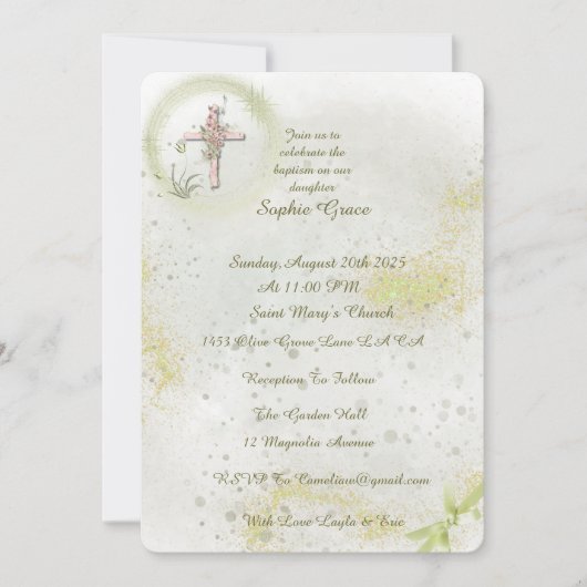 柔らかい緑の洗礼の招待で優雅な 招待状 (正面)