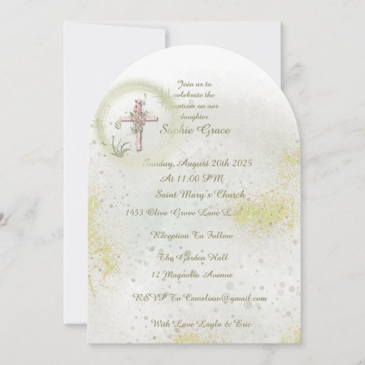 柔らかい緑の洗礼の招待で優雅な 招待状 (正面)