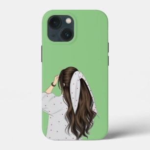 柔らかい緑の背景のケースマットとシックなガールアート iPhone 13 MINIケース