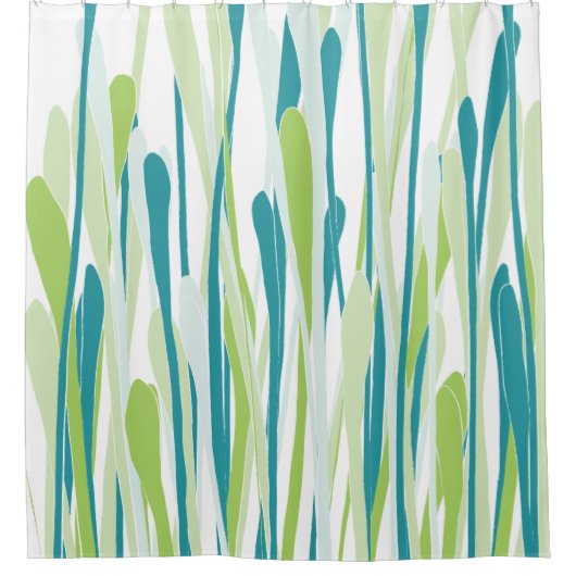 柔らかい緑及びティール（緑がかった色）の新しい草のシャワー・カーテン シャワーカーテン (正面)