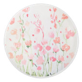 柔らかい繊細なピンクと緑の水色の花 セラミックノブ (正面)