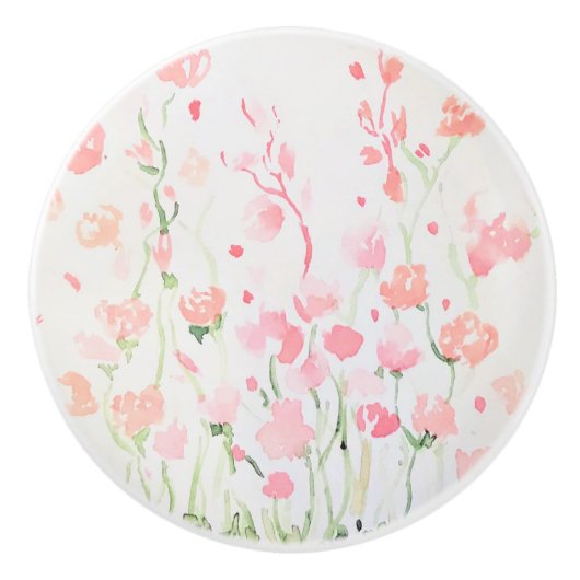 柔らかい繊細なピンクと緑の水色の花 セラミックノブ (正面)