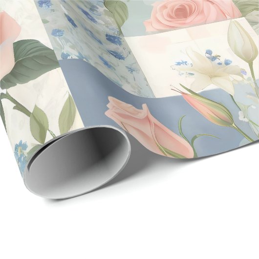 柔らかい繊細なフローラピンクと青のパッチワーク ラッピングペーパー (ロールコーナー)