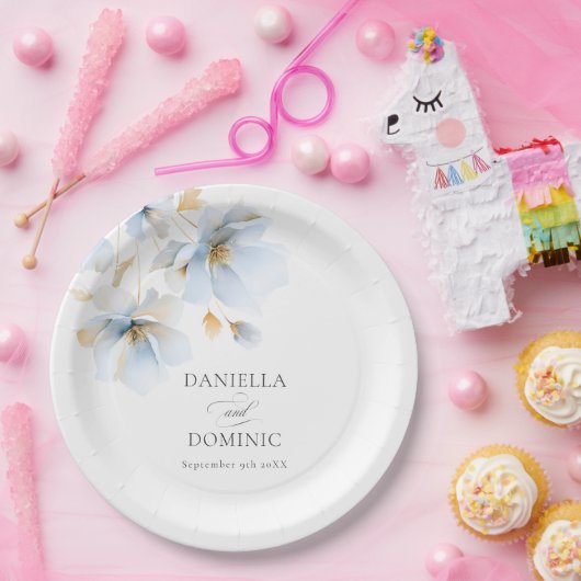 柔らかい繊細な埃っぽい青い金ゴールドの結婚花 ペーパープレート (パーティー)