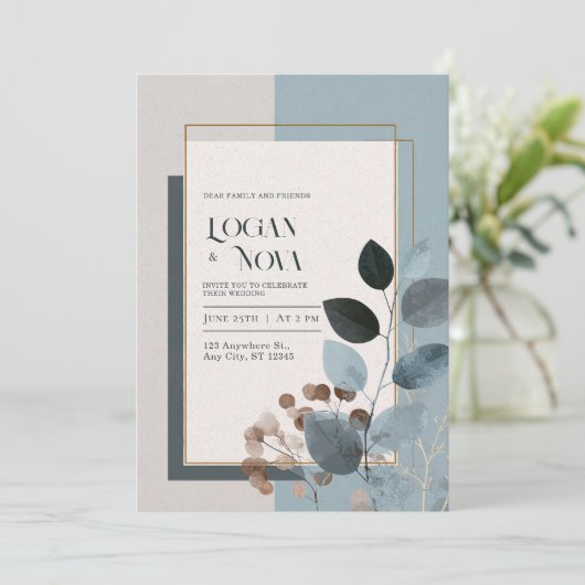 柔らかい自然青い葉のボ結婚タニズ 招待状 (スタンド正面)