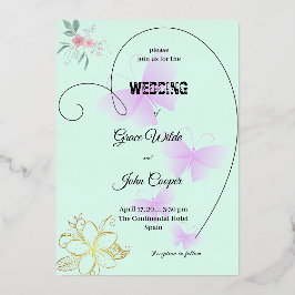 柔らかい色とフローラと蝶デザイン 箔招待状