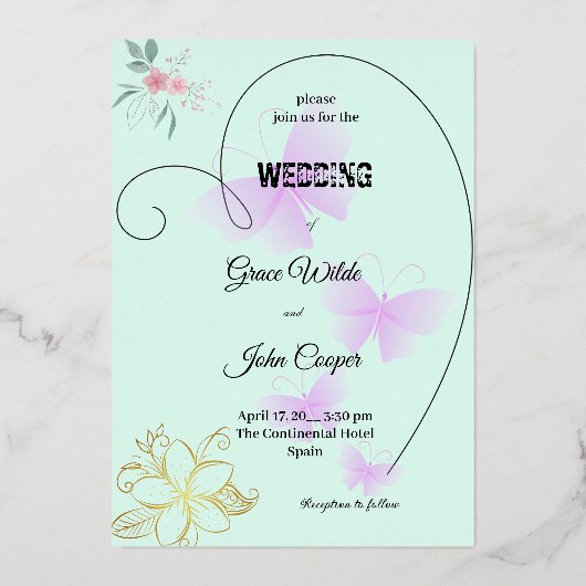 柔らかい色とフローラと蝶デザイン 箔招待状 (正面)