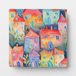 柔らかい色のパステルリトルハウス、穏やかな色 フォトプラーク