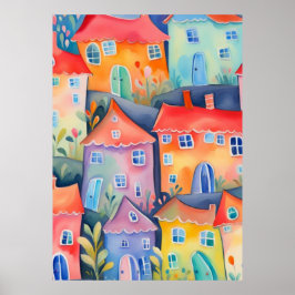 柔らかい色のパステルリトルハウス、穏やかな色 ポスター