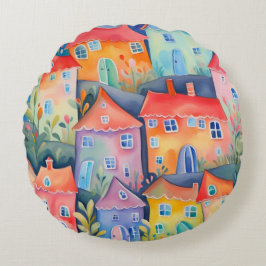 柔らかい色のパステルリトルハウス、穏やかな色 ラウンドクッション
