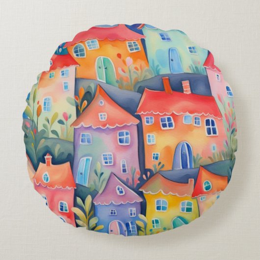 柔らかい色のパステルリトルハウス、穏やかな色 ラウンドクッション (正面)