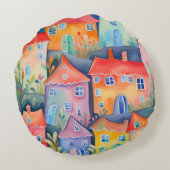 柔らかい色のパステルリトルハウス、穏やかな色 ラウンドクッション (裏面)