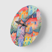 柔らかい色のパステルリトルハウス、穏やかな色 ラウンド壁時計 (傾斜)