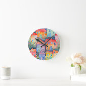 柔らかい色のパステルリトルハウス、穏やかな色 ラウンド壁時計 (ホーム)