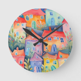 柔らかい色のパステルリトルハウス、穏やかな色 ラウンド壁時計