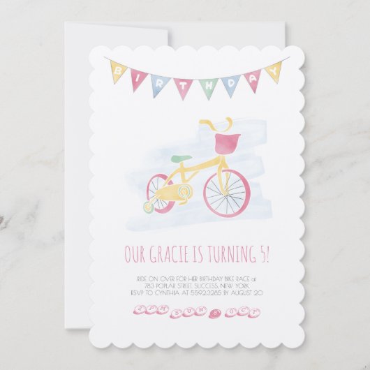 柔らかい色のピンクのサイクリングの誕生日の招待状 招待状 (正面)