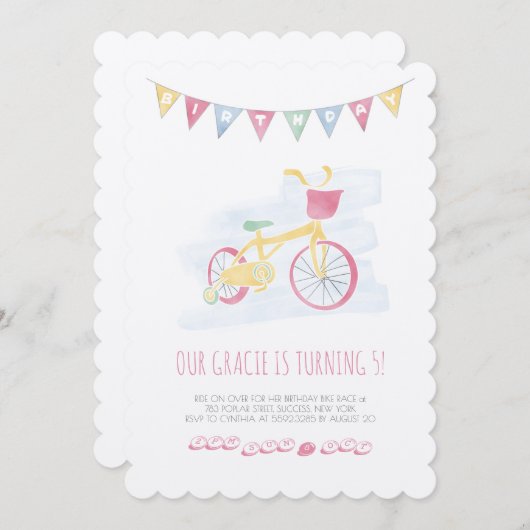 柔らかい色のピンクのサイクリングの誕生日の招待状 招待状 (正面/裏面)