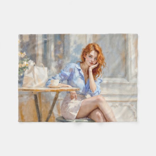 柔らかい色の夢のような穏やかな赤い髪の女性 フリースブランケット (正面(横))