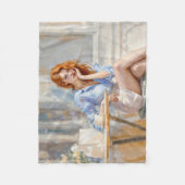 柔らかい色の夢のような穏やかな赤い髪の女性 フリースブランケット (正面)