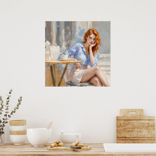 柔らかい色の夢のような穏やかな赤い髪の女性 ポスター (キッチン)