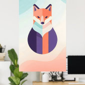 柔らかい色合いの青い紫とオレンジの平らなキツネ ポスター (ホームオフィス)