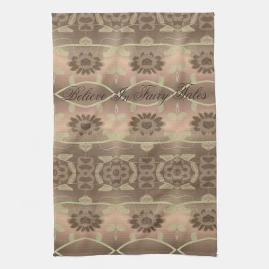 柔らかい茶色の桃と緑 キッチンタオル (縦)