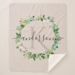 柔らかい赤面のピンクのリースの群葉の水彩画のモノグラム シェルパブランケット
