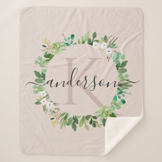 柔らかい赤面のピンクのリースの群葉の水彩画のモノグラム シェルパブランケット (正面)