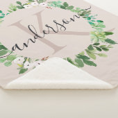 柔らかい赤面のピンクのリースの群葉の水彩画のモノグラム シェルパブランケット (3/4)