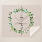 柔らかい赤面のピンクのリースの群葉の水彩画のモノグラム シェルパブランケット (正面(横))