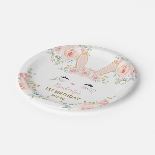 柔らかい赤面のピンクの金ゴールドのバニーウサギの誕生日のシャワー ペーパープレート (アングル)