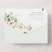 柔らかい赤面ピンクピーニーユーカリ結婚の葉 オールインワン招待状 (裏面)