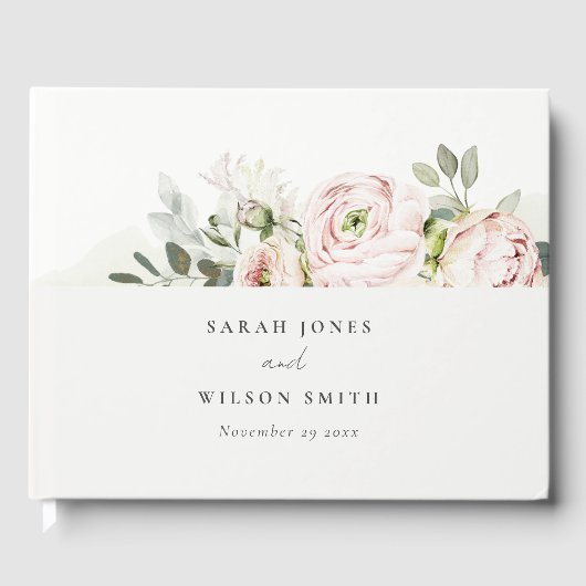 柔らかい赤面ピンクピーニーユーカリ結婚の葉 ゲストブック (正面)