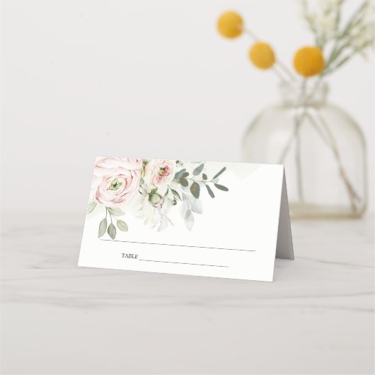 柔らかい赤面ピンクピーニーユーカリ結婚の葉 プレイスカード (裏面)