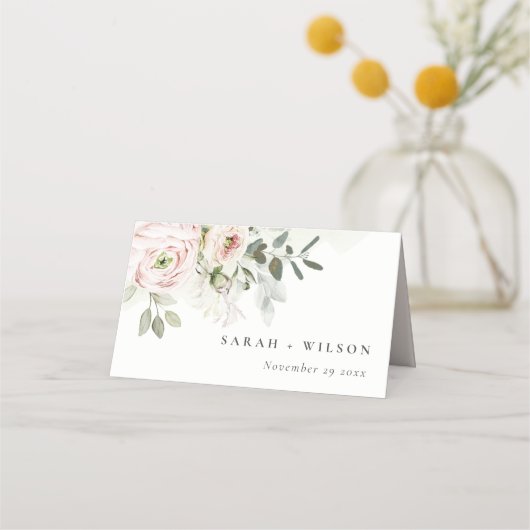 柔らかい赤面ピンクピーニーユーカリ結婚の葉 プレイスカード (正面)