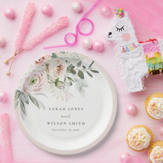 柔らかい赤面ピンクピーニーユーカリ結婚の葉 ペーパープレート (パーティー)