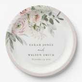 柔らかい赤面ピンクピーニーユーカリ結婚の葉 ペーパープレート (正面)