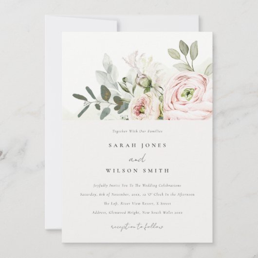 柔らかい赤面ピンクピーニーユーカリ結婚の葉 招待状 (正面)