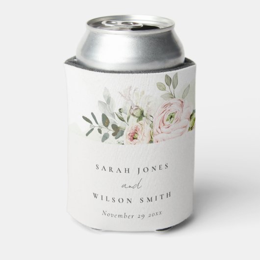 柔らかい赤面ピンクピーニーユーカリ結婚の葉 缶クーラー (缶裏面)