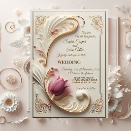 柔らかい金ゴールドバロックのグランデュールとチューリップフローラスワール 招待状