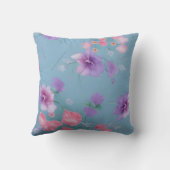 柔らかい青いピンクの絹の花の緑の葉織物 クッション (裏面)