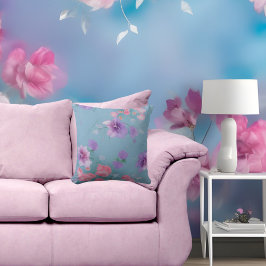 柔らかい青いピンクの絹の花の緑の葉織物 クッション