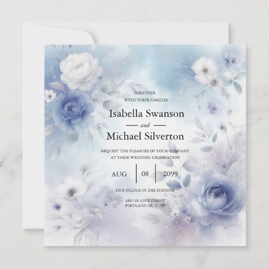 柔らかい青い花とラベンダーミッ結婚ト 招待状 (正面)