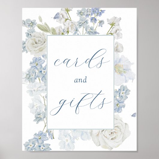 柔らかい青い花のカードとギフトサイン ポスター (正面)