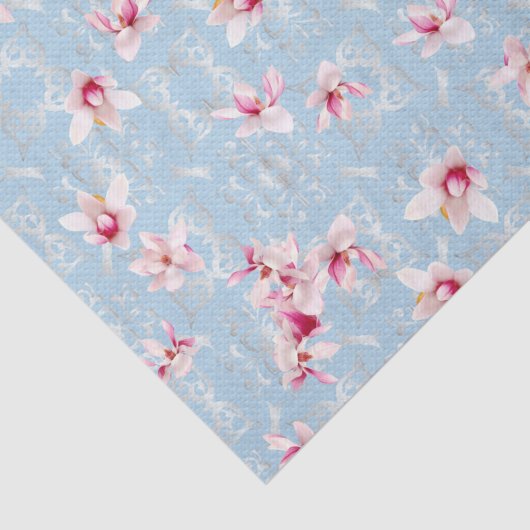 柔らかい青と銀のダマスクにマグノリアの花 薄葉紙 (詳細)