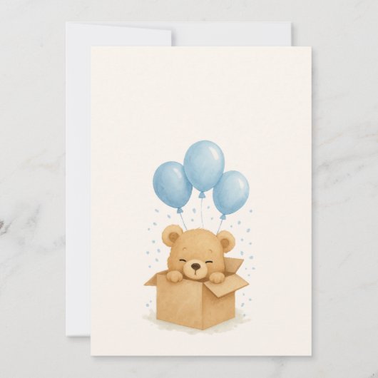 柔らかい青の水の色クマ気球ベビーシャワー 招待状 (裏面)