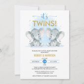 柔らかい青の水の色ツインズゾウ赤ちゃんシャワー 招待状 (正面)