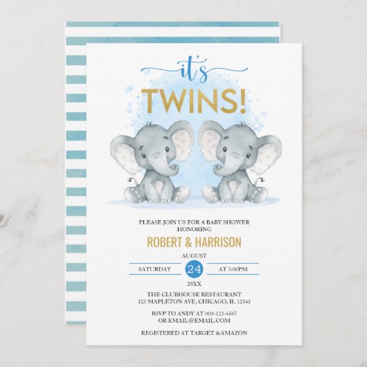 柔らかい青の水の色ツインズゾウ赤ちゃんシャワー 招待状 (正面/裏面)